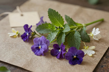 Pansy flowers and envelope on rustic wooden table, selective focusの素材
