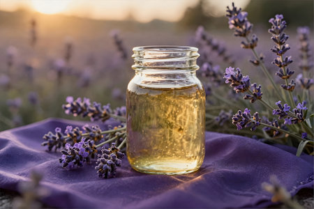 Lavender oil in a glass jar on lavender flowers background.の素材