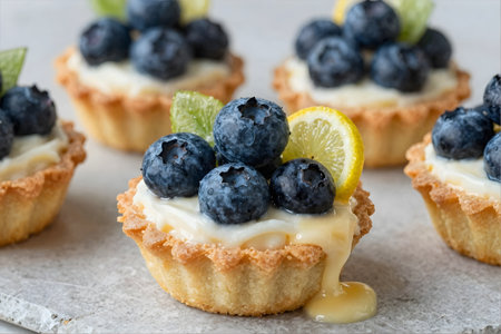 Lemon tartlets with blueberries, lemon and mint, squareの素材