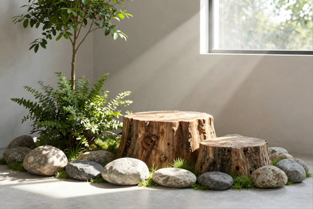 Wooden stand in the garden with natural stones and green plants.の素材