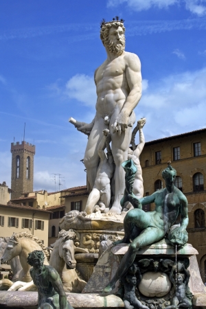 The Neptune fountain, made by Ammannati, on the main square of Florence  Piazza della Signorio の写真素材
