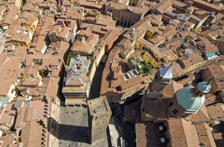 Main square aerial view for asinelli tower - bolognaの写真素材