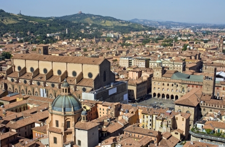 Main square aerial view for asinelli tower - bolognaの写真素材