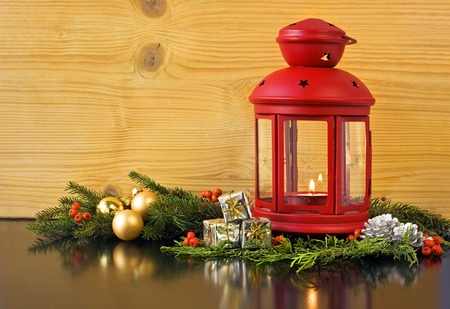 Christmas Lantern with Fir Tree on the backgroundの写真素材