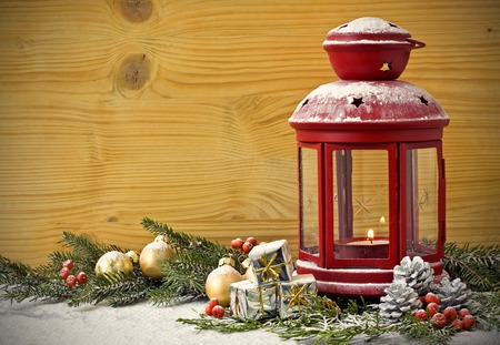 Christmas Lantern with Fir Tree on the backgroundの写真素材