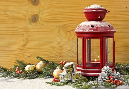 Christmas Lantern with Fir Tree on the backgroundの写真素材