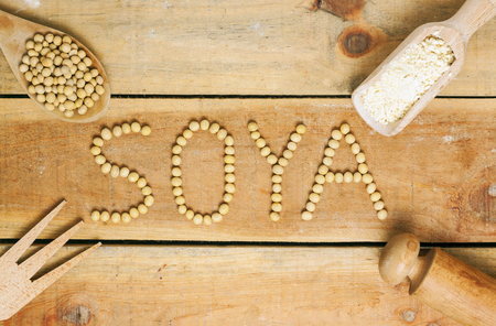 soy word with wood background - foodの写真素材