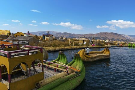 View of Uros floating islands with typical boats, Puno, Peruの写真素材