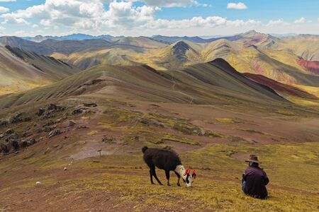 Stunning view at Palccoyo rainbow mountain (Vinicunca alternative), mineral colorful stripes in Andean valley, Cusco, Peru, South Americaの写真素材