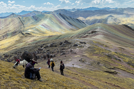 Stunning view at Palccoyo rainbow mountain (Vinicunca alternative), mineral colorful stripes in Andean valley, Cusco, Peru, South Americaのeditorial素材
