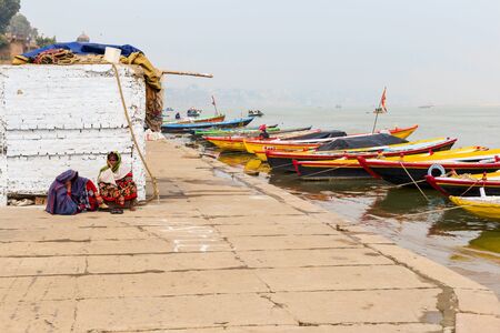 VARANASI, INDIA- January 05, 2020: Morning view of holy ghats of river Ganges in Varanasi, Indiaのeditorial素材