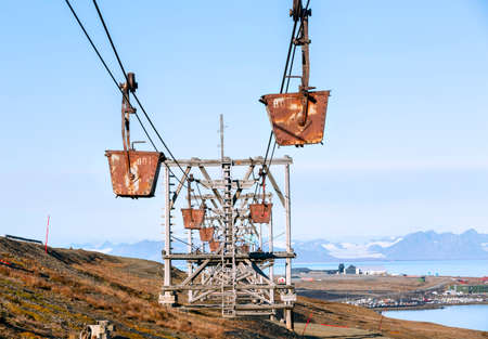 Look througt he old cableway for transporting coal from mines in Longyearbyen, Svalbard, Spitsbergen, Norwayの写真素材