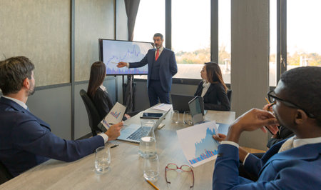 Business meeting for presenting business plan information at office, Leaders explaining business...