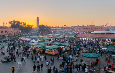 Marrakesh, 01/01/2023: Jamaa el Fna market square, Marrakesh, Morocco, North Africa. Jemaa el-Fnaa, Djema el-Fna or Djemaa el-Fnaa is a famous square and market in the medina quarter of Marrakech.のeditorial素材