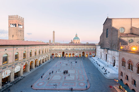 Panoramic view of Piazza Maggiore - Bologna, Italyの写真素材