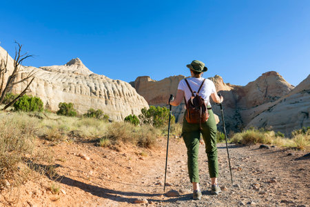 Female hiker on a high, narrow sandstone rock formation with views of the desert landscape.の写真素材