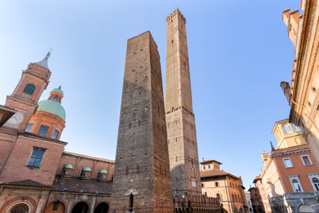 Bologna city of Emilia Romagna famous for its food and the historic seat of the oldest university medieval towers Italyの写真素材