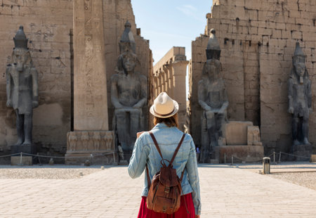 A visitor wearing a straw hat and carrying a backpack looks at the entrance to the Luxor Temple in Luxor, Egyptの写真素材