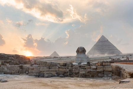 The Great Sphinx by the Pyramids of Egypt, sunset view, Gizaの写真素材
