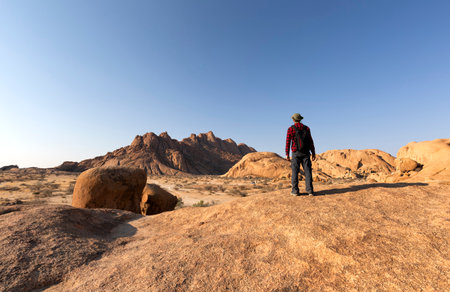 Looking at the Pondoks near the Spitzkoppe mountain in Namibia in Africa.の写真素材