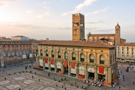 Palazzo del PodestÃ  in Bologna, Italy a famous building in Piazza Maggiore the most important square in the city under a blue skyの写真素材