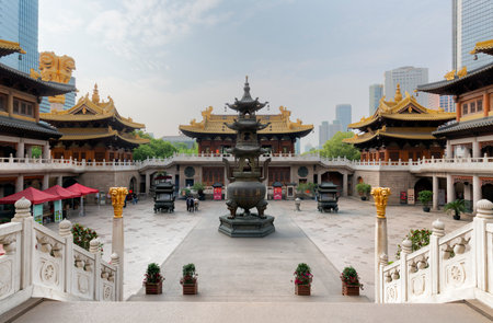 Shanghai, China - April 21, 2025: Jing'an Temple (Temple of Peace and Tranquility) is a main esoteric Tangmi Buddhist Templeの写真素材