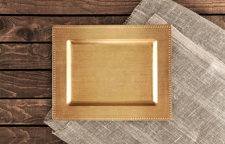 Vintage tray on a wooden table. top viewの写真素材