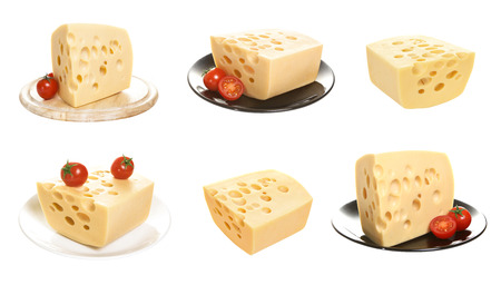 Cheese isolated on a white background. Emmentaller set on a white background. Piece of cheese on a plate with tomatoes. Set cheese isolated on a white background. Cheese for packaging. Cheese with holes isolated on a white background.の写真素材