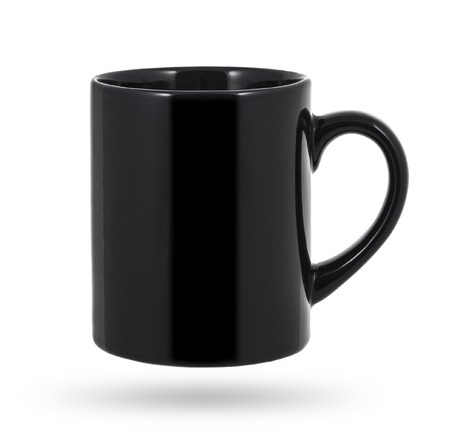 Black mug empty blank for coffee or tea isolated on white backgroundの写真素材