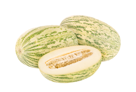 Whole and slice of melon isolated on whiteの写真素材
