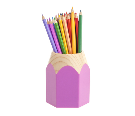 Multicolored pencils in pencil holders isolated on white background close-upの写真素材