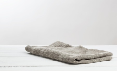 Burlap texture on wooden table background. Wooden table with sackingの写真素材