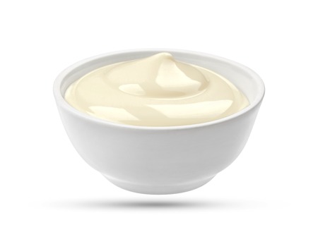 Mayonnaise bowl isolated on white background with clipping pathの写真素材