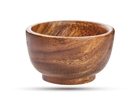 Empty wooden bowl isolated on white background with clipping pathの写真素材