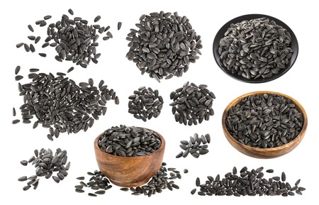 Closeup of black sunflower seeds isolated on white background with clipping pathの写真素材