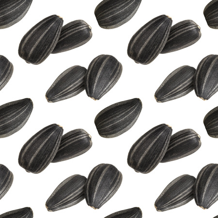 Seamless pattern of black sunflower seeds isolated on white background, with clipping pathの写真素材