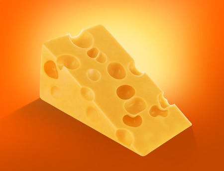 Piece of cheese isolated, chunk cutout on orange backgroundの写真素材