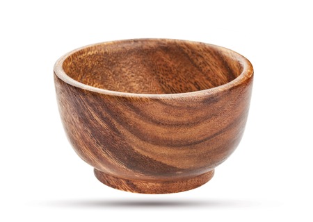 Empty wooden bowl isolated on white background with clipping pathの写真素材