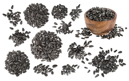 Closeup of black sunflower seeds isolated on white background with clipping pathの写真素材