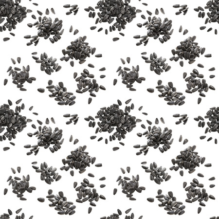 Seamless pattern of black sunflower seeds isolated on white background, with clipping pathの写真素材