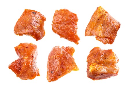 Pieces of raw pork isolated on white background, with clipping pathの写真素材