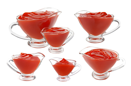Ketchup in glass bowl on white backgroundの写真素材