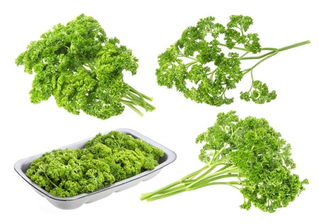 Parsley in plastic wrap packaging isolated on white backgroundの写真素材