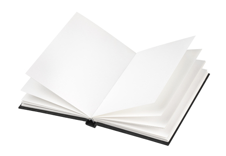 Open black book cover isolated on white backgroundの写真素材