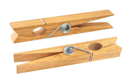 Wooden clothes pin isolated on white backgroundの写真素材