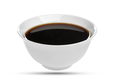 Soy sauce in bowl isolated on white background, with clipping pathの写真素材