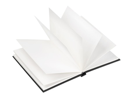 Open black book isolated on white backgroundの写真素材
