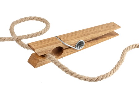 Clothespin and rope isolated on white background, with clipping pathの写真素材