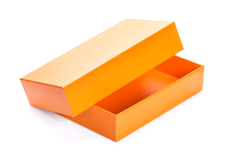 Orange open cardboard box mock up isolated on white background, template for designの写真素材