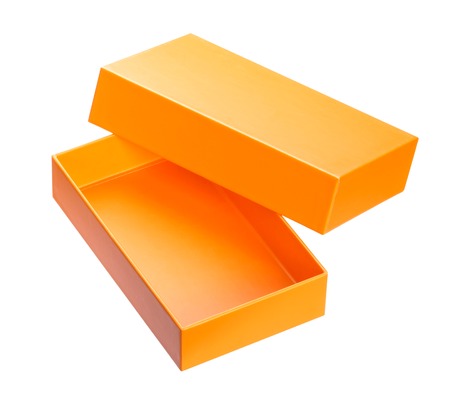 Orange open cardboard box mock up isolated on white background, template for designの写真素材